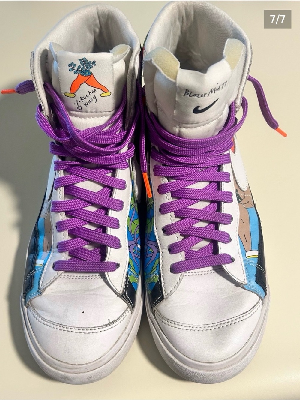 Nike Women's White High-Top Sneakers with Purple Laces and Multicolor Side Art